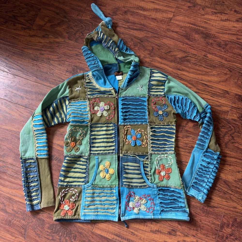 Razorcut Ribs Jacket Psychedelic Embroidery Patchwork Hippie Boho Pixie Hoodie